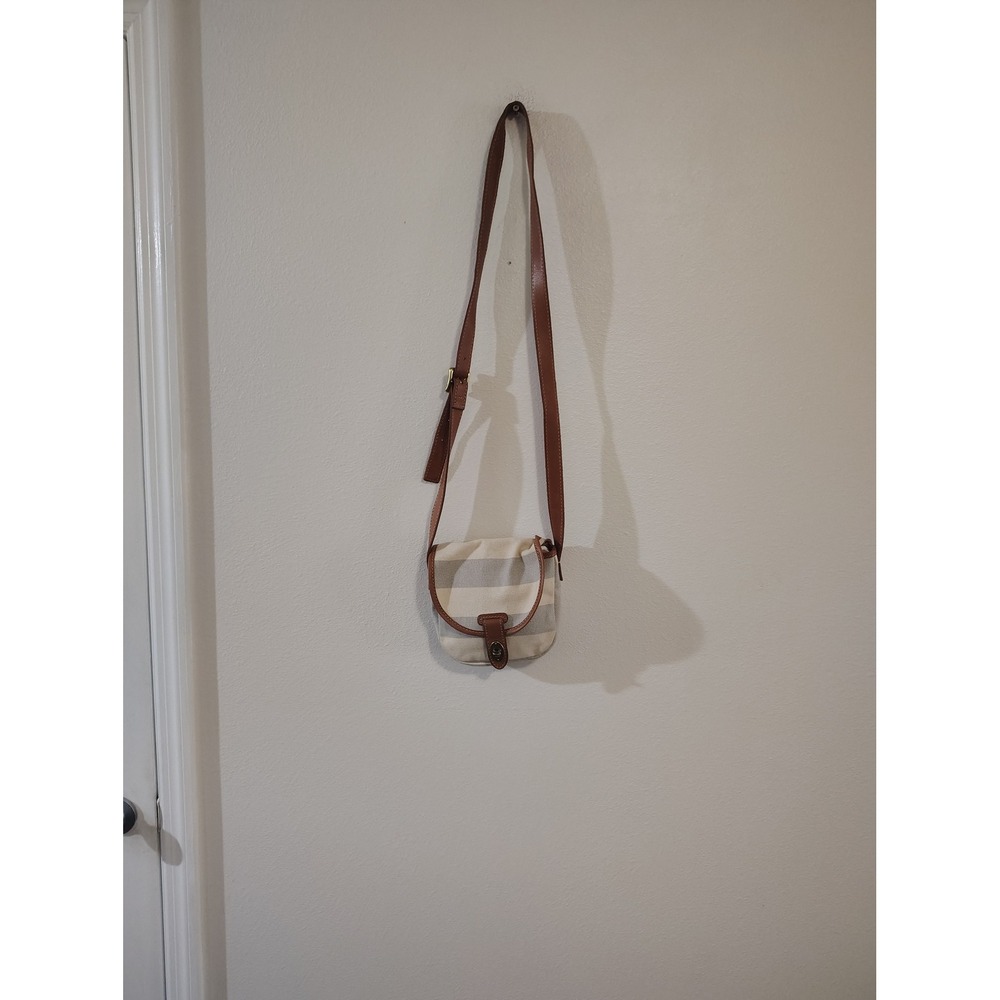 Fossil Striped Canvas Leather Trim Crossbody Bag Grey Cream Small Messenger